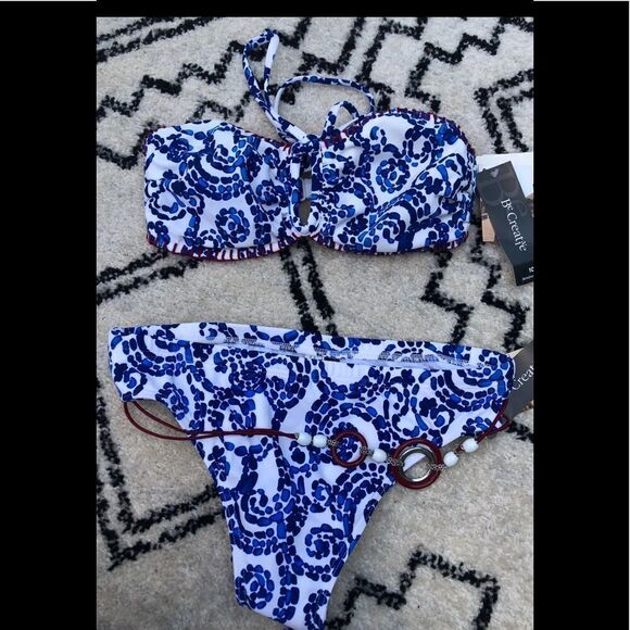 -11 NWT Be Creative Blue and white bikini with red trim waist jewelry.Size 10 - Picture 2 of 11